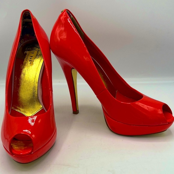 Ted Baker Glossy Bright Orange/Coral Peep Toe Heels - Picture 7 of 9